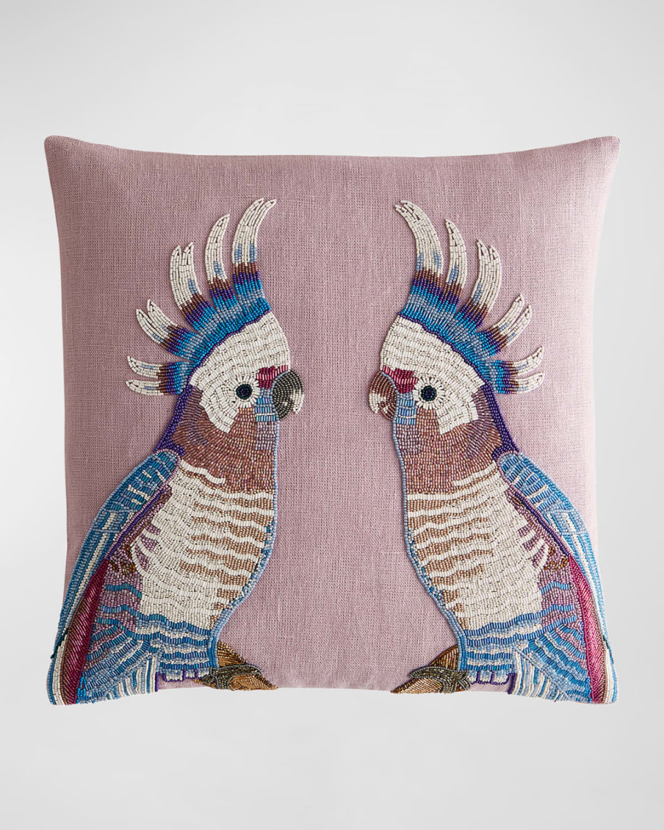 Reflected Parrots Beaded Decorative Pillow, 18"